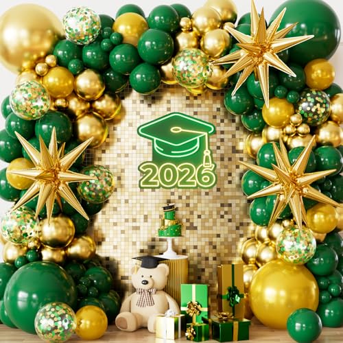 Adeyoo Green and Gold Balloon Arch Kit Garland - Green and Gold Graduation Balloons With Explosion Star Balloons Latex Confetti Balloon for Graduation Birthday Safari Jungle Party Decorations
