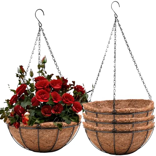 ArtFamy Hanging Baskets for Plants Outdoor(8 inch 4 Pack)- Coconut Coir Hanging Planters Outdoor, Metal Wire Baskets with Coco Liner, Hanging Pots for Plants Indoor, Flower Pots for Railings