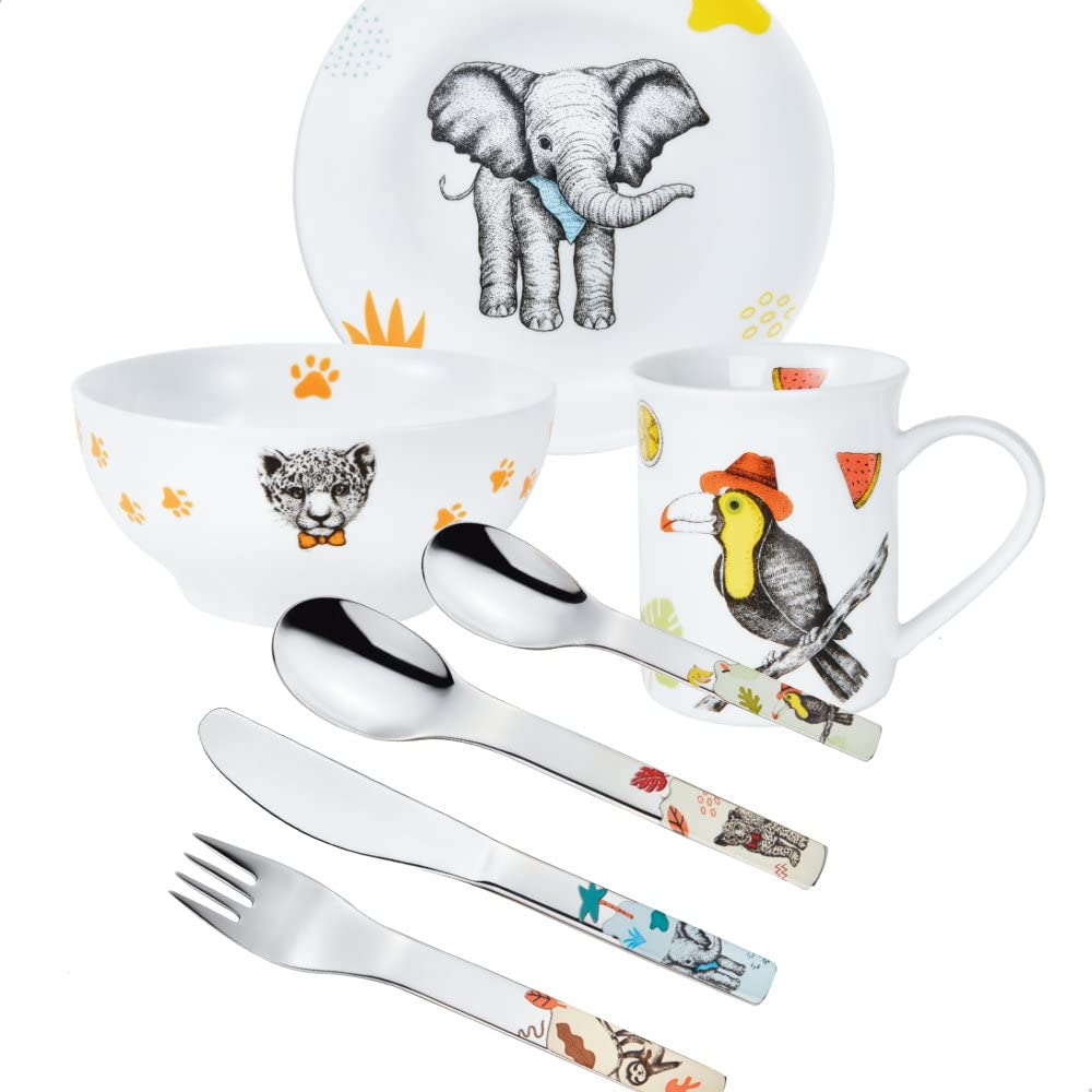 Kinderset Natura Dschungel-Tiere 7tlg. mit Gravur auf der Besteck-Rückseite (z.B. Namen) Kinderbesteck + Kindergeschirr (Teller, Schale, Tasse)