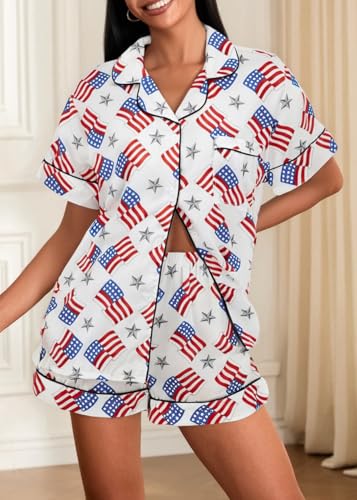 Image of Argeousgor Women 4th Of July Pajama Sets American Flag Short Sleeve Shirt and Shorts 2 Piece Independence Day Pajamas Set