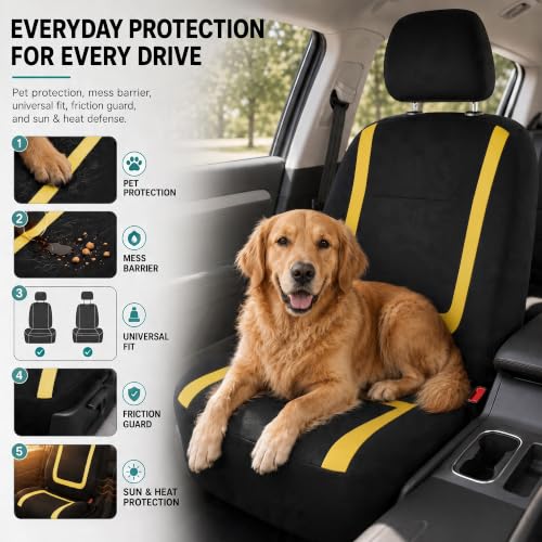Image of FH Group Car Seat Covers Front Set in Cloth for Low Back Car Seats with Removable Headrest, Universal Fit, Automotive Washable for SUV, Sedan, Van Yellow