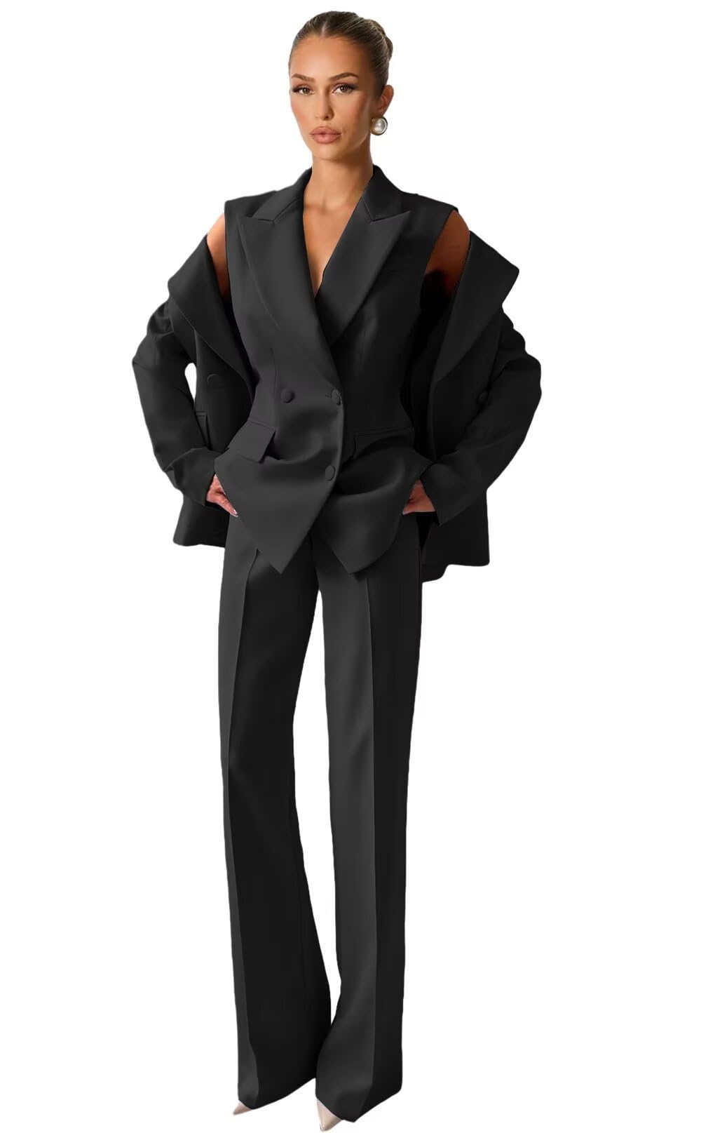 Leisure Womens 3 Piece Suits for Work Professional Double Breasted Vest Blazer Pants Suit for Regular Fit Black