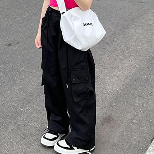 Girls High Waist Parachute Pants Y2K Baggy Cargo Trousers Drawstring Wide Leg Streetwear Pants with Pocket 7-13 Years2