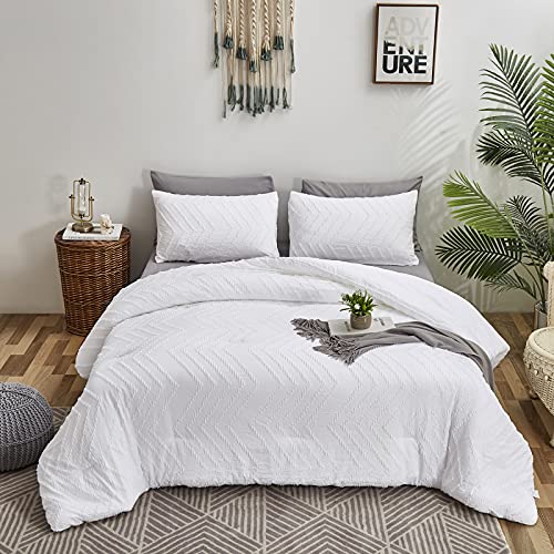 Luxlovery White Comforter Set Queen Boho Tufted Jacquard Bedding Comforter Farmhouse Shaggy Chevron Blanket Quilts Soft Breathable Farmhouse Blanket Quilts Rustic Embroidery White Bedding Set #TOP5