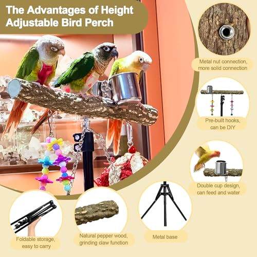 Image of 16-63 Inch Height Adjustable Bird Perch Pepper Wood Parrot Training Perch Stand with Feeding Cups and Swing Toy Parakeet Perches Indoor and Outdoor Parrot Stands for Small to Medium Bird