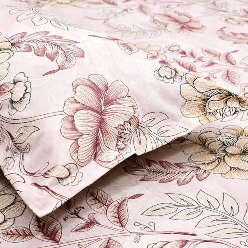 Image of Rivermoor 144 TC Cotton Bedsheet for Double Bed | Queen Size Bed Sheet with 2 Pillow Covers | Blush Pink Botanical Floral | 90 x 100 Inches