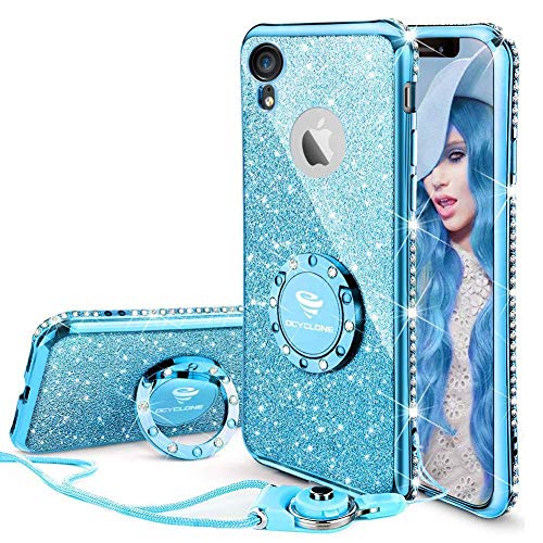 OCYCLONE Cute Glitter Diamond Case with Ring Stand Compatible for iPhone XR for Women Girls, Blue