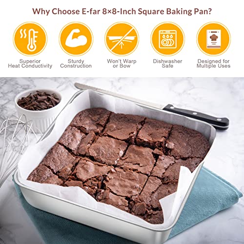 E-Far 6/8/9-Inch Square Cake Pan Set, Stainless Steel Square Baking Brownie Pans Metal Bakeware Set Of 3, Non-Toxic & Healthy, Easy Clean & Dishwasher Safe #TOP3