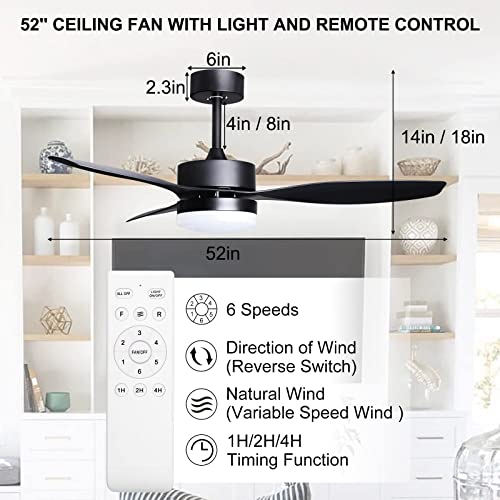 Ohniyou 52'' Ceiling Fan With Lights Remote Control,Outdoor Ceiling Fans For Patio With Light,Black Ceiling Fan Light For Bedroom Kitchen Nursery Conference #TOP4
