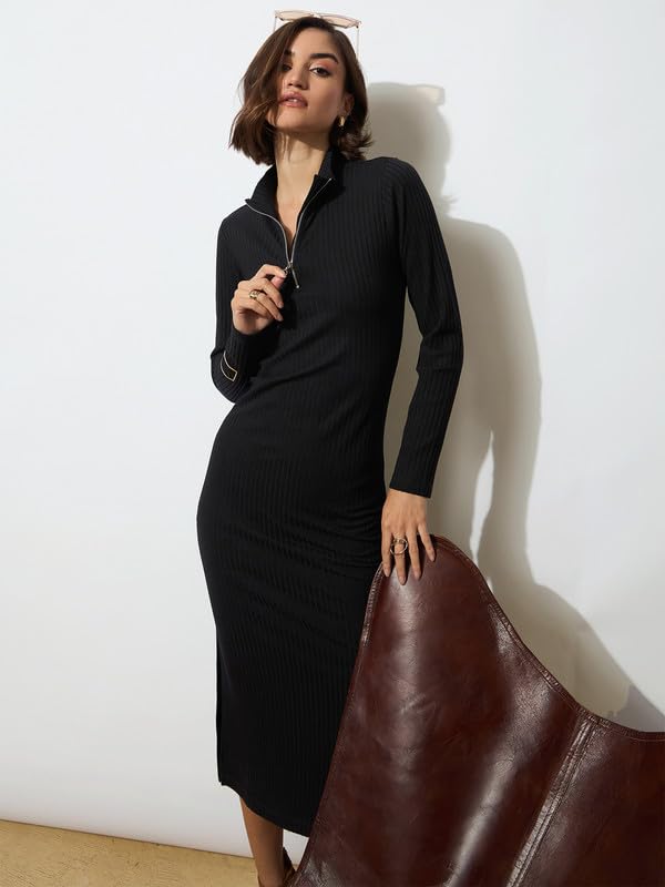 Image of barcino Black Rib High Neck Front Half Zipper Dress
