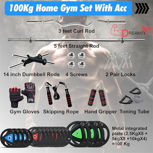 Image of DREAM FIT Rubber Coated Metal Integrated Weight Plates 100Kg Professional Home Gym Combo with 23mm 3ft curl rod, 23mm 5ft straight rod, 1 pair dumbbell rods with steel nuts and gym accessories (100kg set)