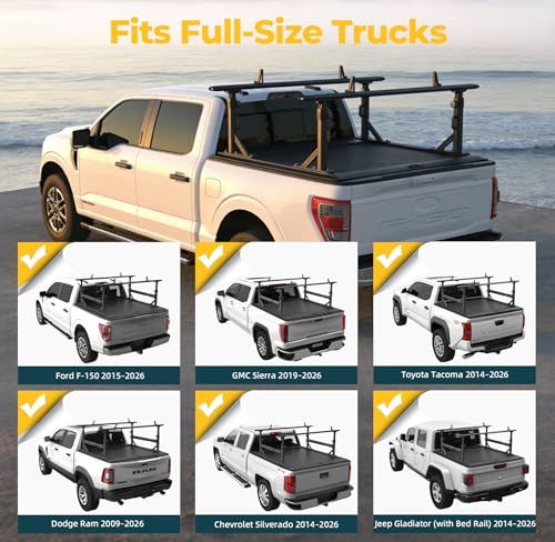 Image of TRUMGETA Adjustable Aluminum Truck Ladder Rack Fit for F150 Silverado Ram Sierra Compatible with T-Slot Tonneau Covers, No Drill Installation, Heavy Duty 1100 LBS, Truck Bed Rack for Ladders, Kayaks
