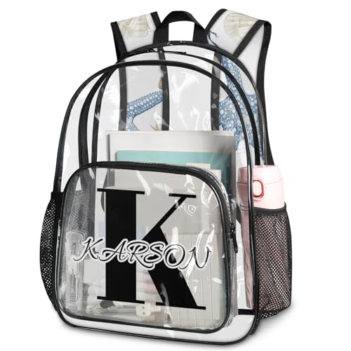 Personalized Nautical Coastal Small Clear Backpack Stadium Approved Heavy Duty PVC Plastic Custom Ocean Beach Seashell Starfish Themed Transparent Backpacks See Through Bag with Name