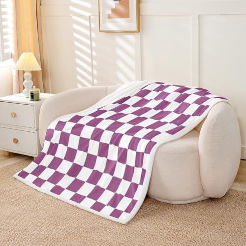 Image of Erosebridal Girls Purple Checkered Fleece Bed Blanket White Lavender Buffalo Plaid Grid Throw Blanket Queen 90 inchX90 inch,Checkerboard Sherpa Blanket for Kids Teen Women Geometrical Gingham Fuzzy Blanket