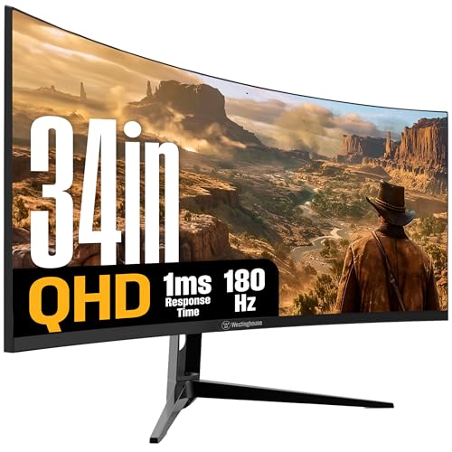 Westinghouse 34 Inch Curved Ultrawide Gaming Monitor, 180Hz, 1 ms, AMD FreeSync Support, Low Motion Blur, 1500R Curve, 3440 x 1440, for PC Games with Built in Speakers, 2X DisplayPort, 2X HDMI