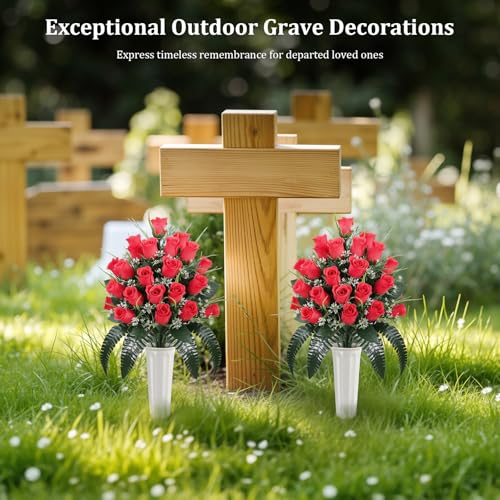 Lewondr Artificial Cemetery Flowers with Vase, 2 Sets Outdoor Grave Decorations UV Resistant Silk Rose Bouquet Graveyard Memorial Flowers for Cemetery Headstones Decoration, Red image 5