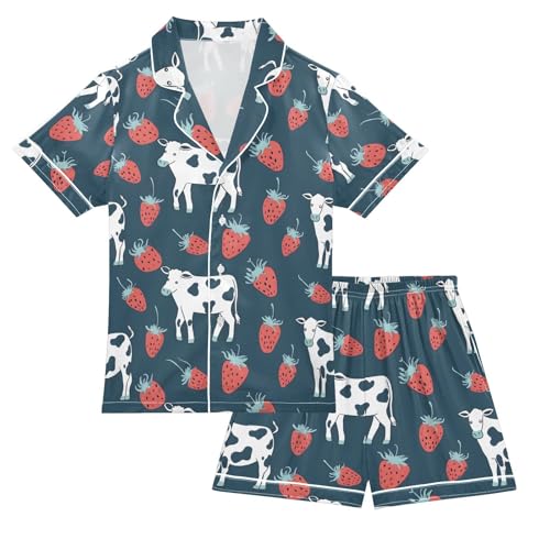 ALAZA Cow Strawberry Pajamas Satin Pajama Set Short Sleeve Button Down Sleepwear
