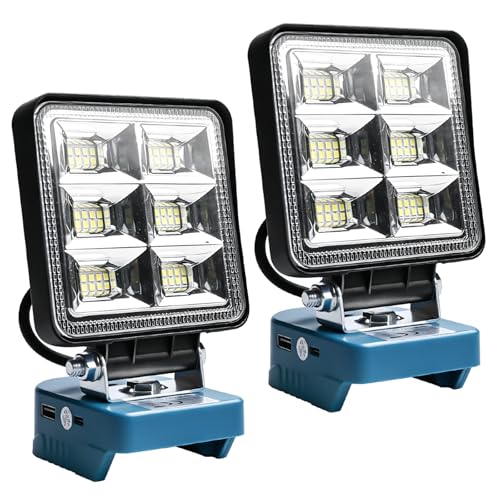 GAOUTO 2 lámparas con batería para Makita de 18 V, 48 W, 5200 lm, luz de trabajo LED, 2 modos, foco portátil con tipo C y carga USB, para camping, construcción, reparación de coches, 6000 K (no