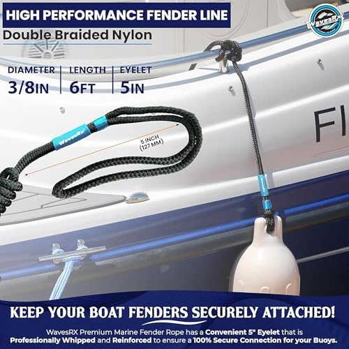 Image of WavesRx Premium Fender Line 3 /8'' x 6' (4 Pack) | Double Braided Nylon Boat Dock Lines and Ropes for Docking Buoys & Fenders | Marine Dock Ropes for Boats, Pontoons | Boat Ropes for Docking with Loop