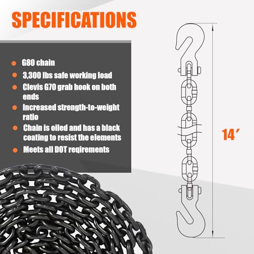 Image of G80 Transport Binder Chain1 /4 x 14 FT Tow Cable with Clevis Grab Hooks | 3,300 lbs WLL Heavy Duty Link for Transporting, Towing, Tie-Down & Lifting