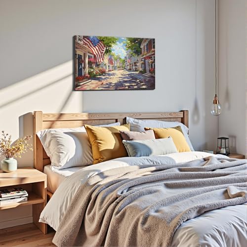 Image of Framed Patriotic Small Town USA Wall Art, American Flag Street Canvas Art Pictures, Vintage Main Street Wall Decor for Living Room Entryway Dining Room, Ready to Hang Made in USA