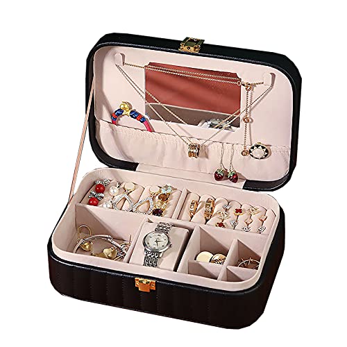 Wakerda Schmuckkasten Schmuckschatulle PU-Leder Damen Schmuckbox Abschließbar Schmuckkoffer mit Spiegel für Ringe, Ohrringe, Armbänder (Schwarz) Cover