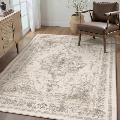 Area Rug 3x5 Beige Washable Office Entryway Vintage Medallion Carpet Non Slip Retro Indoor Mat Low Pile Soft Distressed Small Rug for Bedroom Kitchen Laundry Dining Room