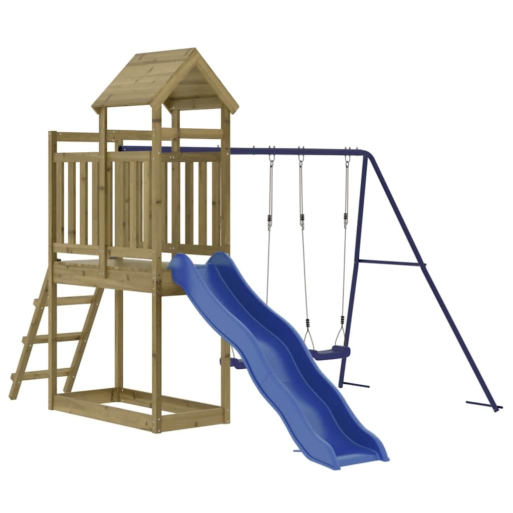 Torre da gioco in legno di pino impregnato in autoclave, con scivolo ondulato, piedistallo da 90 cm, scala, 2 altalene e sabbiera per giardino, parco giochi