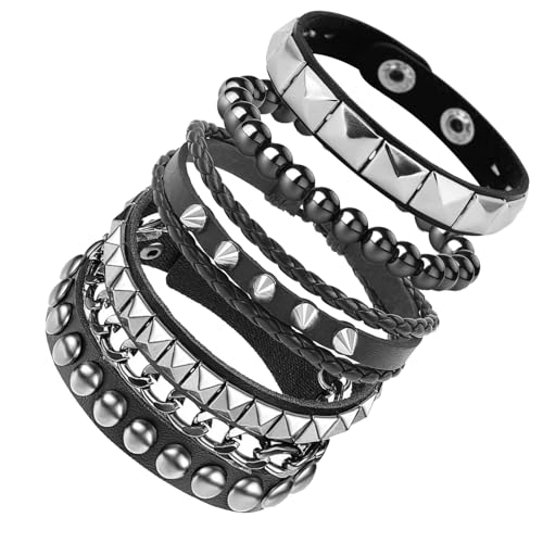 4 Pcs Leather Studded Bracelets for Women, Mens Spiked Punk Rock Grunge Cuff Wristbands Emo Accessories Set for 80s 90s Outfits