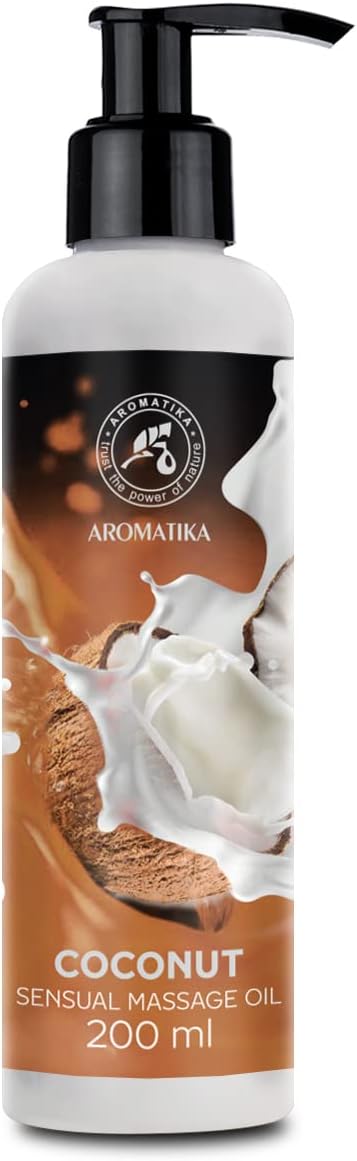 AROMATIKA Coconut Aromatherapy Massage Oil 200ml โ Natural Almond & Grapeseed Body Oil with Coconut Scent โ Relaxing Massage Oil for Him & Her โ Long Lasting Fragrance โ Home Spa & Wellbeing