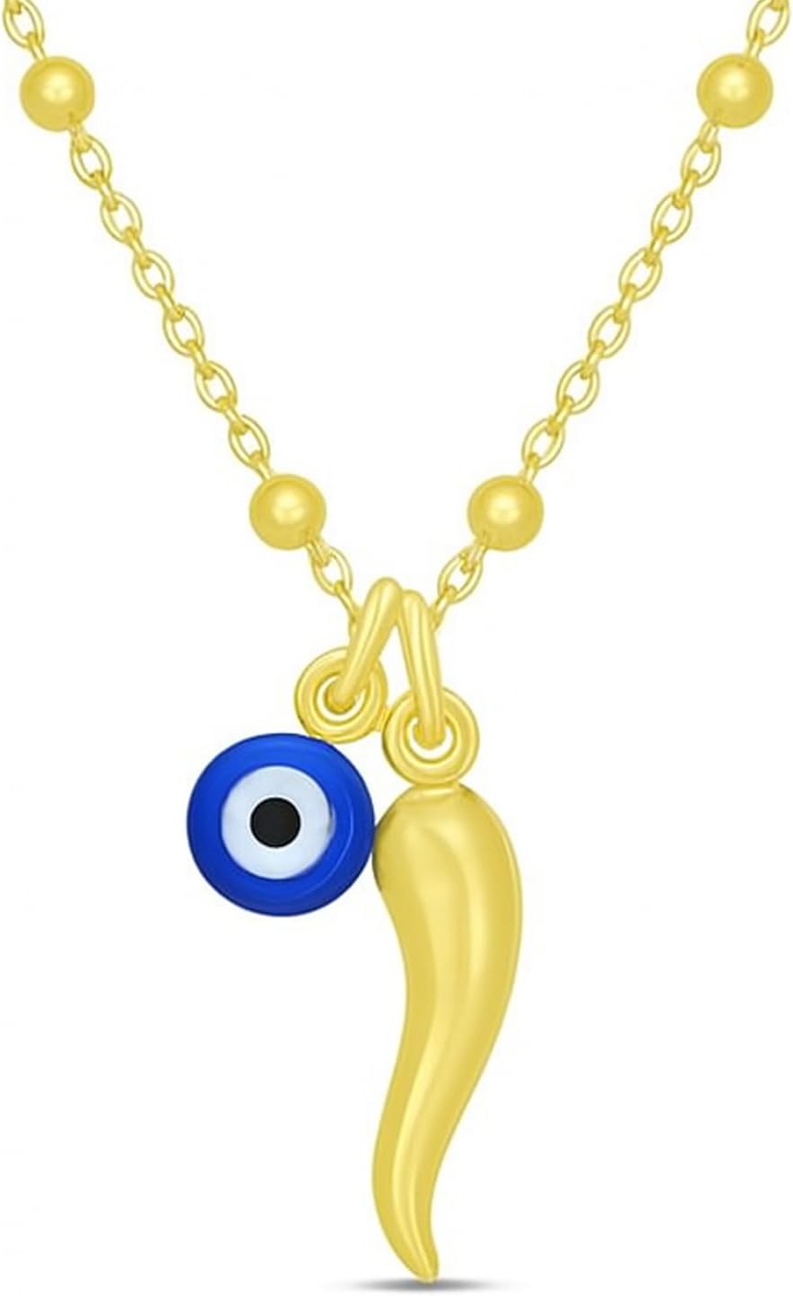 FRONAY 14k Gold Plated Sterling Silver Italian Horn Necklace for Women | Good Luck Cornicello Pendant | Made in Italy