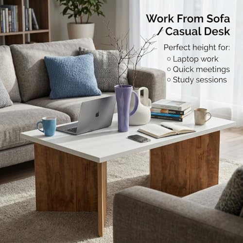 Image of FFO V-Shape Coffee Table for Living Room | Modern Center Table with Engineered Wood Top & Wooden Base | 80x50x40 cm | Stylish Tea Table for Home, Office & Lounge (White & Coach Wood Finish)