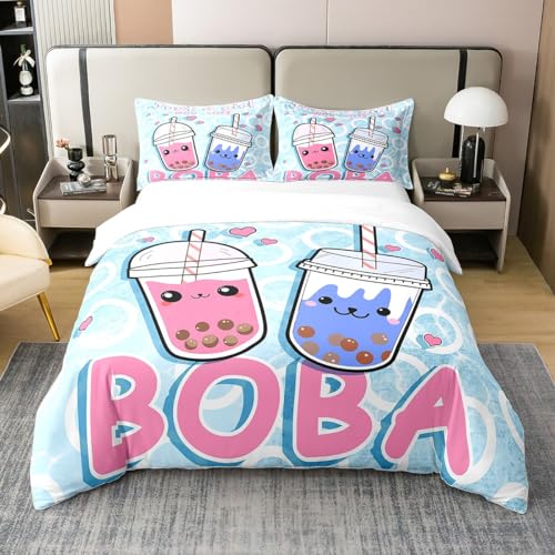 Homemissing Boba Housse De Couette Boba Sets De Housse Couette Kawaii Bubble Thé Stuffed 140x200cm 100% Coton pour Parure Fermeture À Glissière