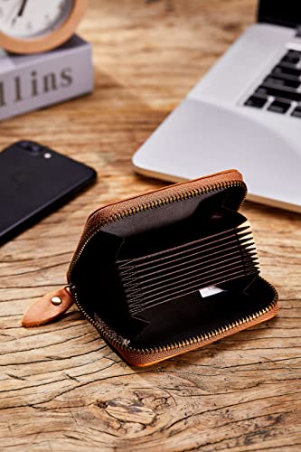 Image of Vintage Full Top Grain Leather Wallet RFID Blocking Multi Card Case with Zipper Pocket Card Holder for Men Women Gift Box