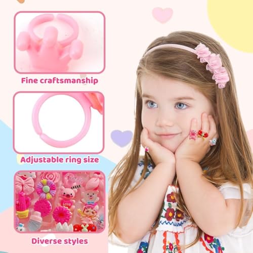Image of Adjustable Rings Set for Kids | 36 Pcs Jewelry Rings with Heart Shape Box, Birthday Gift