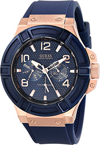 GUESS Men's Rigor Iconic Blue Stain Resistant Silicone Watch with Rose Gold-Tone Day +...