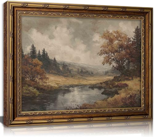 yunjulp Vintage Gold Framed Landscape Wall Art, Retro Cottagecore Farmhouse River Wall Decor Painting Moody Fall Natural Poster Canvas Prints for Kitchen Bedroom Living Room 9x11 inch Framed