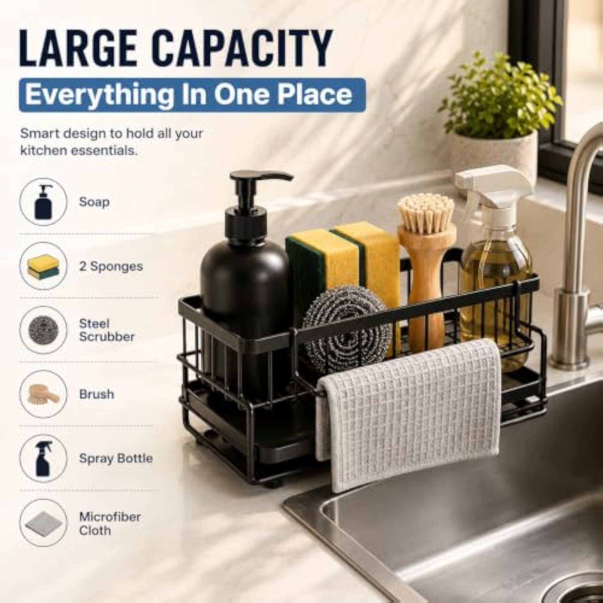 Metal Sponge Holder for Kitchen, Auto-Draining Organizer