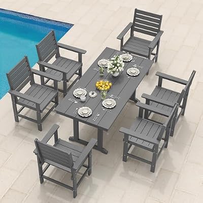 Compsia 7 Piece Outdoor Dining Set, HDPS Patio Table and Chairs Set, 66" Patio Table with 1.96" Umbrella Hole & 6 Chairs, All Weather Furniture for Garden, Backyard, Poolside (Grey)