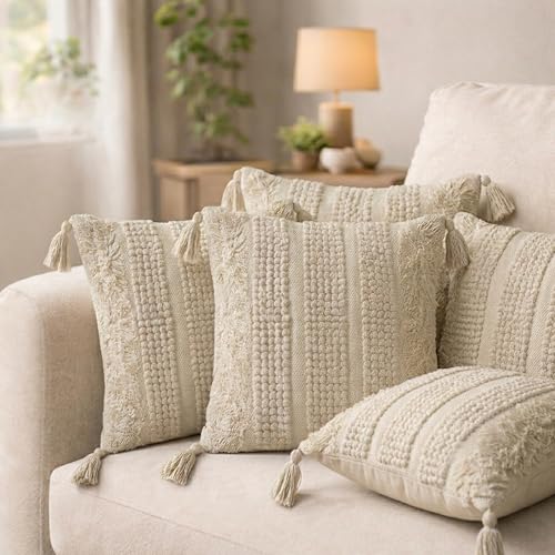 Image of SILK & YANA 16x16 Cotton Cushion Covers Set of 5 | Hand-Tufted Decorative Throw Pillow Covers with Boho, Geometric & Textured Designs | Tassel-Trimmed Covers for Sofa (Taupe-Cream)