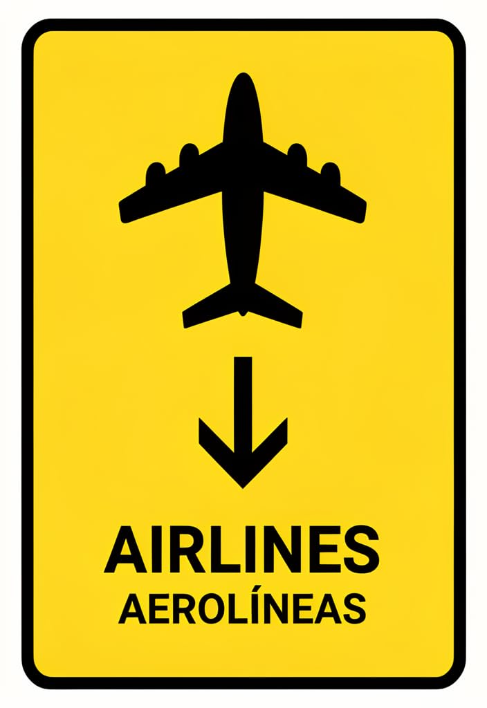 peiyeety Airlines Aerolíneas Tin Sign 12x8 Inch, Yellow Airport Wayfinding Wall Decor, Vintage-Style Metal Plaque with Airplane Icon & Arrow, Travel Theme Sign for Home Bar Office Garage Gift