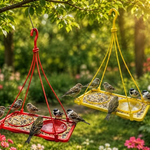 Image of 2-in-1 Dana Pani Bird Feeder Tray for Balcony - Hanging Bird Feeding Station with Water Bowl and Seed Tray Hanging Bird Bath for Sparrow,Wild Birds (Pack of 2)