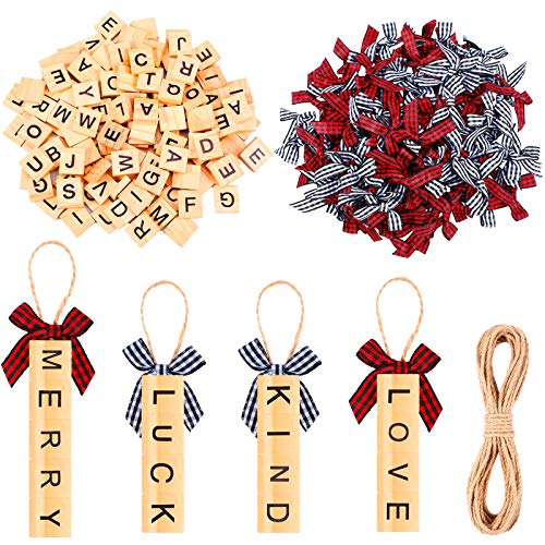 WILLBOND 200 Pieces Christmas Wood A - Z Capital Letters Tiles Alphabet Chips and Mini Gingham Checkered Ribbon Bows with 33 Feet Rope Wood Alphabet Block Set for Christmas DIY Craft Pendants