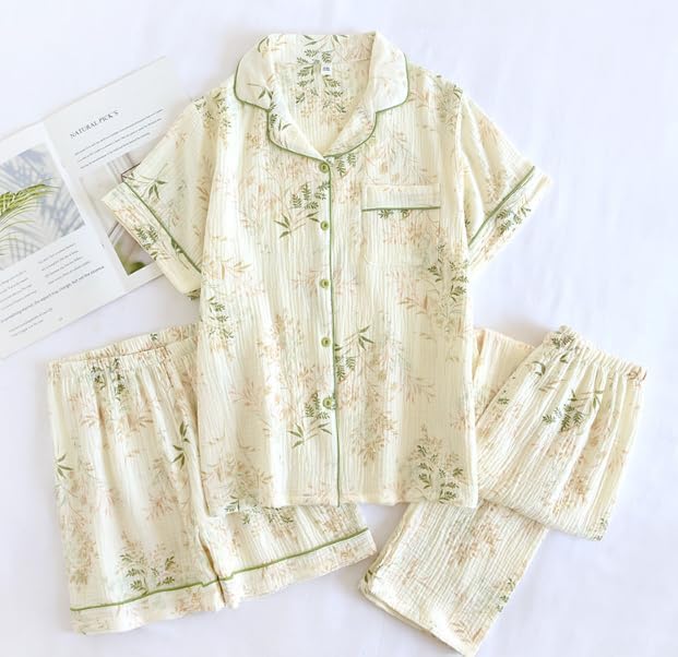 Image of codcm Womens 3pcs Cotton Pajamas Set Short Sleeve Sleepwear Fruit Print Cute Pj Set with Long Pants