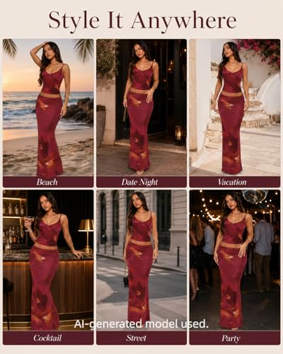 Image of Two Piece Skirt Set for Women - Sexy Sleeveless Spaghetti Strap Pleated Tank Top Maxi Long Skirts Sets