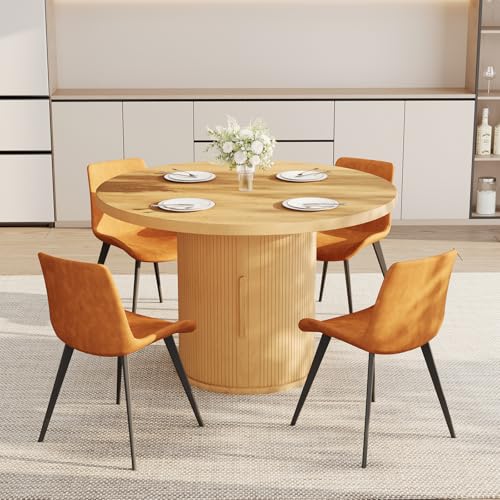 Image of HIPIHOM 5-Piece Dining Set for Small Spaces 43.3 inch Round Table & 4 PU Leather Chairs, Modern Farmhouse with Storage Shelf, Apartment Kitchen Easy Assembly (Natural Color Round Table + 4 Brown Chairs)