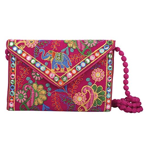 Bolsa clutch feminina Rajastão bordada à mão mini bolsa verde transversal feminina para presentes de festa de casamento, Rosa escuro