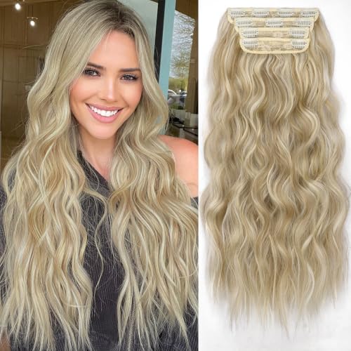 Image of KooKaStyle Wavy Thick Clip in Hair Extensions 24 inch Beach Blonde | 4 Pcs Clip in Extensions,Fiber Double Weft Hairpieces,Natural Volume,Beach Wave Long Synthetic Highlight Hairpieces for Women