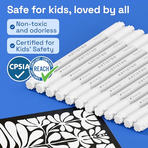 Image of ARTISTRO 12 White Acrylic Paint Markers - Paint Pens for Drawing - For Fabric, Rock, Glass, Wood, Molds - Arts & Crafts Gift for Adults, Teens, Kids, Classroom Must Haves & School Supplies