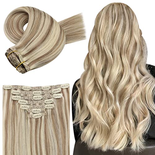 Clip in Hair Extensions Real Human Hair 18 inch JoYoung Hair Extensions Clip in Human Hair 7PCS Natural Hair Clip in Extensions Human Hair Double Weft Clip on Extensions Brown and Blonde Clip Ins